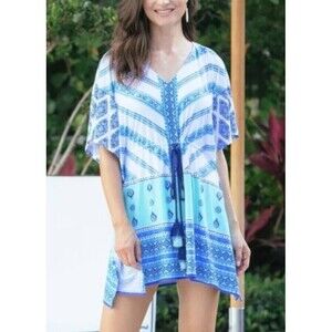 Cabana Life Swim Cover Up Large Blue White Mixed Print Batik Tassel Tie Beach